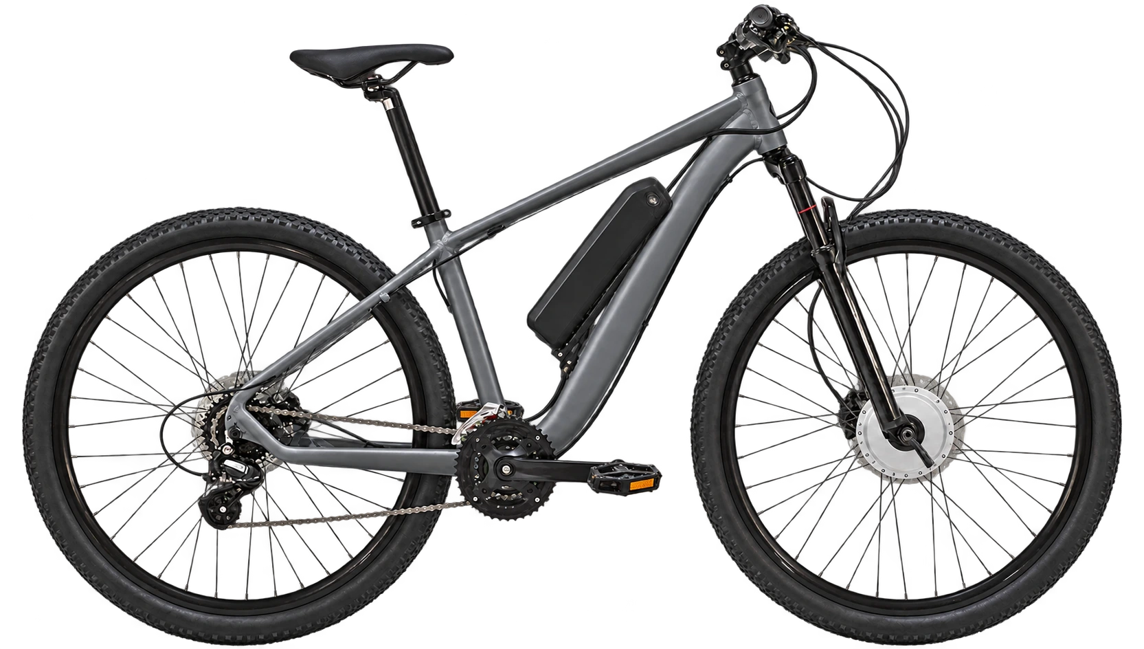 Bicicleta cinza ilustrativa com quadro conforme referência do usuário, pedais e motor no cubo dianteiro e bateria rígida apoiada sobre o tubo diagonal; não define a composição comercial